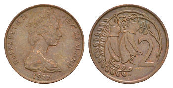 Новая Зеландия 2 цента 1977 Елизавета II (1952-2022), два цветка кохаи KM 32.1 бронза 4178-316