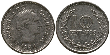 Колумбия 10 сентаво 1969 KM 236 сталь плакированная никелем 4576-1112