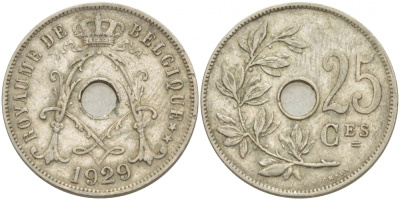 Бельгия 25 сантимов 1929 Belgique KM 68.1 медно-никель 4529-1113