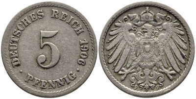 ГЕРМАНИЯ 5 ПФЕННИГОВ 1906 F KM 11, Jager 12, Weege 6 медно-никель 4547-453