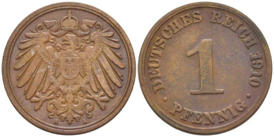 ГЕРМАНИЯ 1 ПФЕННИГ 1910 A KM 10, J. 10, Weege 2 медь 211-426
