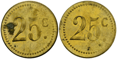 Франция 25†сантимов XIX-XX век ресторанный жетон латунь 4166-1121