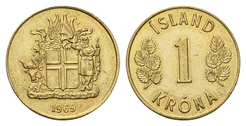 Исландия 1 крона 1969 KM 12a никель латунь UNC 4691-445