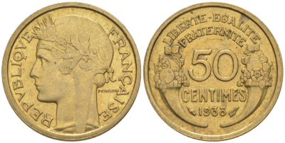 ФРАНЦИЯ 50 САНТИМОВ 1938 ТИП MORLON KM 894.1, LE FRANC 192.14 алюминиевая бронза 44-748