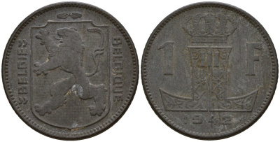 Бельгия 1 франк 1942 Belgique - Belgie, Леопольд III (1934-1947), германская оккупация, Вторая мировая война KM 127 цинк 4161-443