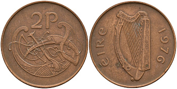 Ирландия 2 пенсов 1976 Виньетка в виде стилизованной птицы из второй библии Карла II Лысого KM 21 бронза 4140-241