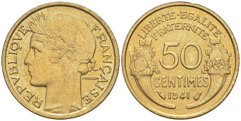 ФРАНЦИЯ 50 САНТИМОВ 1941 ТИП MORLON KM 894.1, LE FRANC 192.18 алюминиевая бронза 44-551