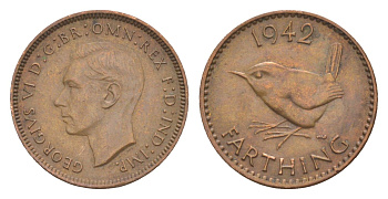 Великобритания 1 фартинг 1942 Георг VI (1936-1952) KM 843, Spink 4116 бронза 4643-843