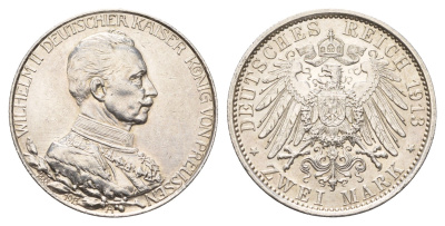 Пруссия 2 марки 1913 25 лет правлению Вильгельма II KM 533, J. 111 серебро aUNC 1529-1341