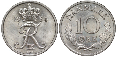 Дания 10 эре 1964 C; S, Фредерик IX (1947-1972) KM 849.1 медно-никель 4174-169
