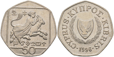 Кипр 50 центов 1996 похищение Европы KM 66 медно-никель 4141-1242