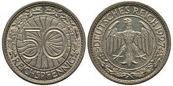Германия 50 рейхспфеннигов 1927 А KM 49 J. 324 никель  UNC  441-123