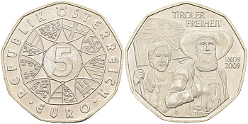 Австрия 5 евро 2009 200 лет со дня Тирольского восстания KM 3177 серебро UNC 4593-131
