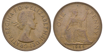 Великобритания 1 пенни 1965 Елизавета II (1952-2022) KM 897, Spink 4157 бронза 4661-926