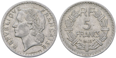 Франция 5 франков 1946 открытая 9 KM 888b.1, Le Franc 339 алюминий 4607-912