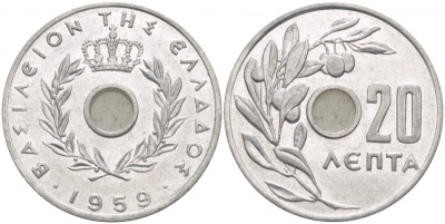 Греция 20 лепта 1959 Павел I (1947-1964), оливковая ветвь KM 79 алюминий 4548-321