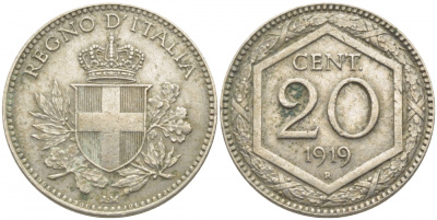 ИТАЛИЯ 20 ЧЕНТЕЗИМО 1919 KM 58 медно-никель 3856-922