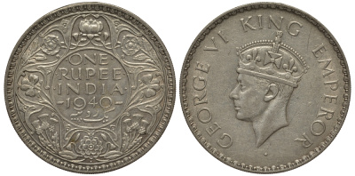 Британская Индия 1 рупия 1940 Георг VI (1936-1952) KM 556 серебро 4044-645
