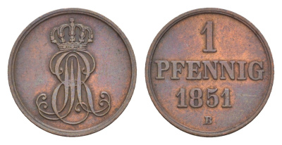 Ганновер 1 пфенниг 1851 B, Эрнст Август I (1837-1851) KM 201.1, AKS 129, J. 74 медь    4658-1055