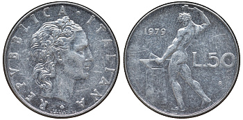 Италия 50 лир 1979 R, Вулкан KM 95.1 сталь 51-1343