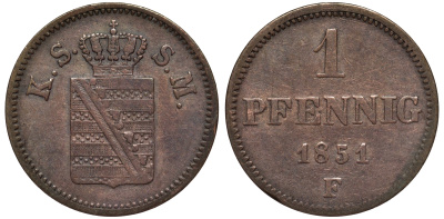 САКСОНИЯ 1 ПФЕННИГ 1851 F KM 1155 медь 75-1122