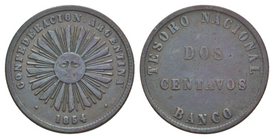 Аргентина 2 сентаво 1854 Аргентинская конфедерация KM 24 медь 413-615