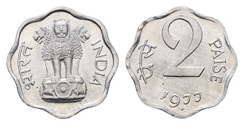 Индия 2 пайса 1977 KM 13.6 алюминий UNC 4697-767