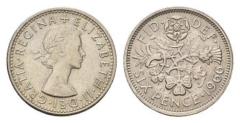 Великобритания 6 пенсов 1966 Елизавета II (1952-2022) KM 903, Spink 4149 медно-никель 192-148