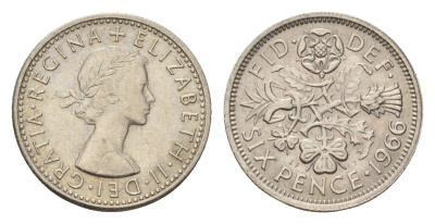 Великобритания 6 пенсов 1966 Елизавета II (1952-2022) KM 903, Spink 4149 медно-никель 192-148