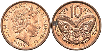 Новая Зеландия 10 центов 2009 маска Маори, Елизавета II (1952-) KM 117а сталь плакированная медью 4114-226