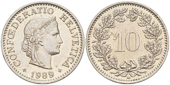 ШВЕЙЦАРИЯ 10 РАППЕНОВ 1989 В KM 27 медно-никель 55-527