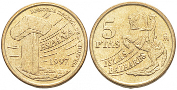 Испания 5 песет 1997 Хуан Карлос I (1975-2014), Балеарские острова, всадник KM 981 алюминиевая бронза 4549-815