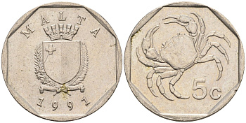 Мальта 5 центов 1991 краб KM 95 медно-никель 4588-116