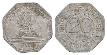 Нюрнберг трамвайный (транспортный) жетон в 20 пфеннигов ND (1920-1921) фонтан Men05 19256.20, Men18 24102.20 алюминий 4638-114
