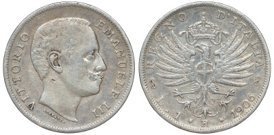 Италия 1 лира 1906 R, Виктор Эммануил III (1900-1948), Савойский орел (символ Рима) KM 32 серебро 51-523