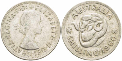 Австралия 1 шиллинг 1960 m, Елизавета II (1952-2022), овца меринос KM 59 серебро 60-1322