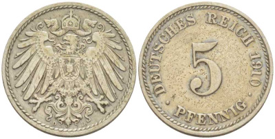 Германия 5 пфеннигов 1910 D KM 11, J. 12, Weege 6 медно-никель 206-961