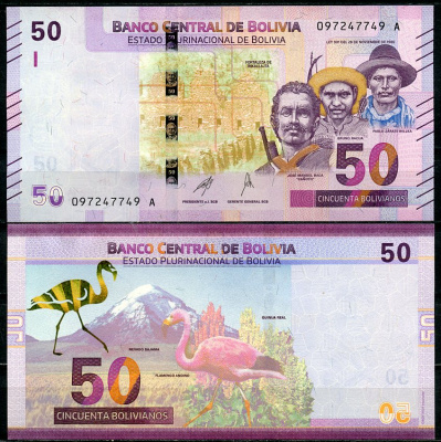 Боливия 50 боливиано 1986 (2018-2019) Хосе Мануэль Бака ("Каньото"), Бруно Ракуа, Пабло Сарате Вилька, фламинго Pick 250 (2)  бумага  UNC (пресс) 7201-41-1