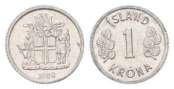 Исландия 1 крона 1980 KM 23 алюминий UNC 4687-826