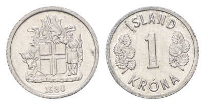 Исландия 1 крона 1980 KM 23 алюминий UNC 4687-826