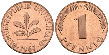 ФРГ 1 пфенниг 1967 G KM 105, J.380 сталь плакированная медью PROOF 1094-7-53