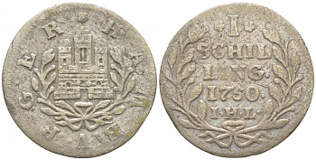 Гамбург 1 шиллинг 1750 I.H.L. KM 160, Gaedechens 983, Jaeger 4 a серебро 112-1018