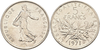 Франция 5 франков 1971 сеятель KM 926a.1, Le Franc 341.3 медно-никель плакированный никелем 4593-542