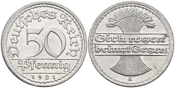 Германия 50 пфеннигов 1921 A KM 27, J.301, Weege 10 алюминий UNC 4584-835