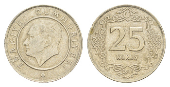 Турция 25 курушей 2011 Кемаль Ататюрк KM 1242 медно-никель 4647-627