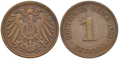 ГЕРМАНИЯ 1 ПФЕННИГ 1893 A KM 10, J. 10, Weege 2 медь 211-154