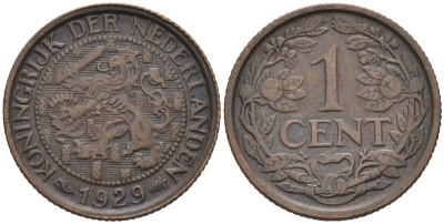 Нидерланды 1 цент 1929 Вильгельмина (1890-1948) KM 152 бронза 4576-741