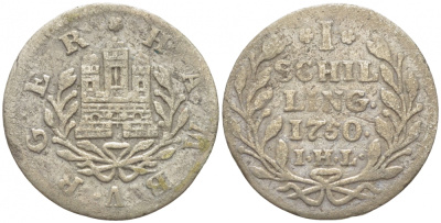Гамбург 1 шиллинг 1750 I.H.L. KM 160, Gaedechens 983, Jaeger 4 a серебро 112-1018
