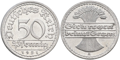 Германия 50 пфеннигов 1921 A KM 27, J.301, Weege 10 алюминий UNC 4584-835