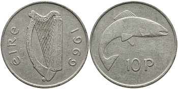 ИРЛАНДИЯ 10 ПЕНСОВ 1969 ЛОСОСЬ KM 23 медно-никель 4531-732